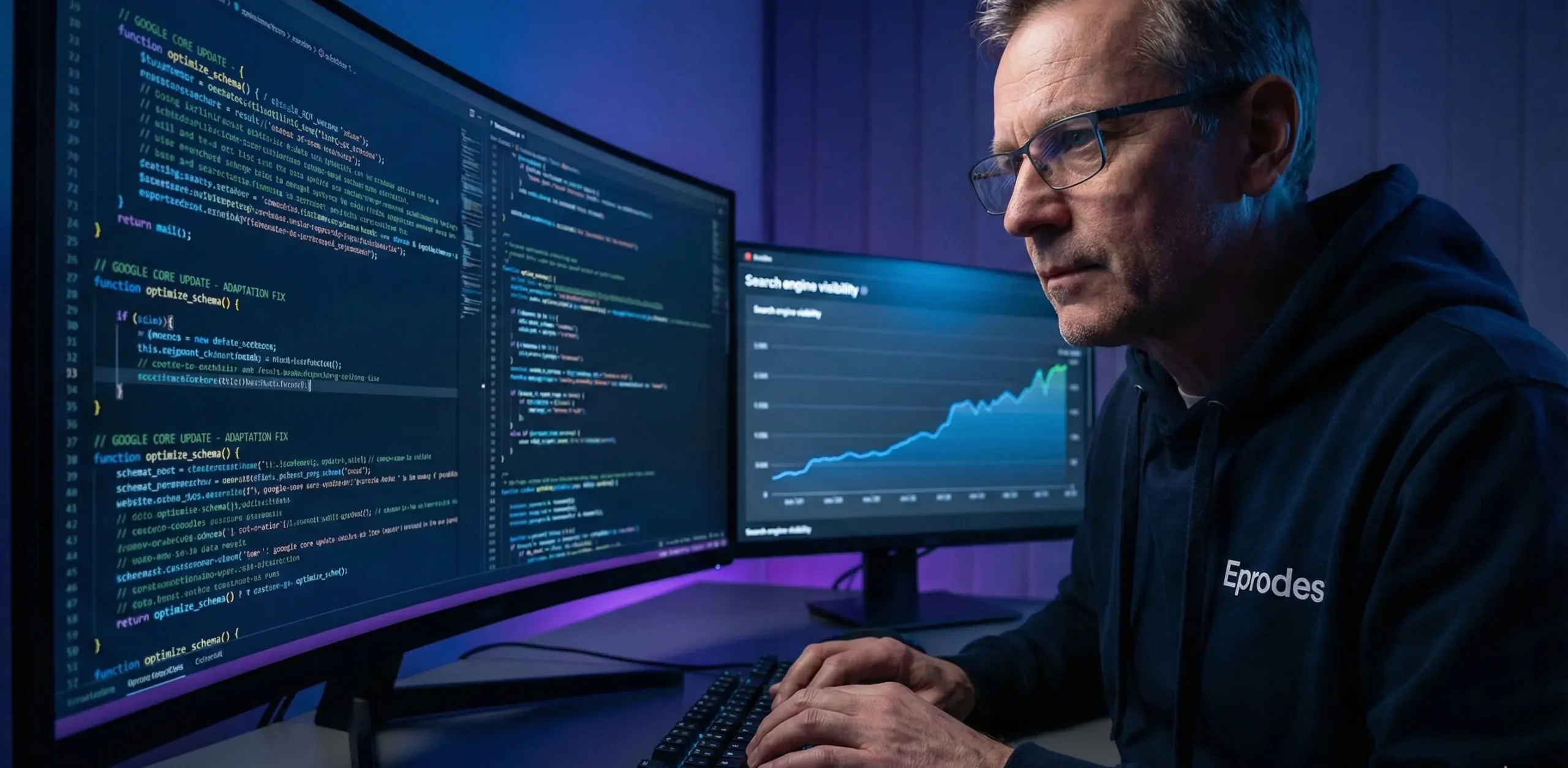 Primer plano de un ingeniero de software senior de Eprodes ajustando líneas de código complejas en un monitor oscuro para adaptar una web a los nuevos algoritmos de búsqueda.