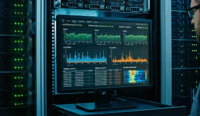 Panel de control mostrando métricas de rendimiento estables de un servidor Linux, reflejando seguridad y control técnico.