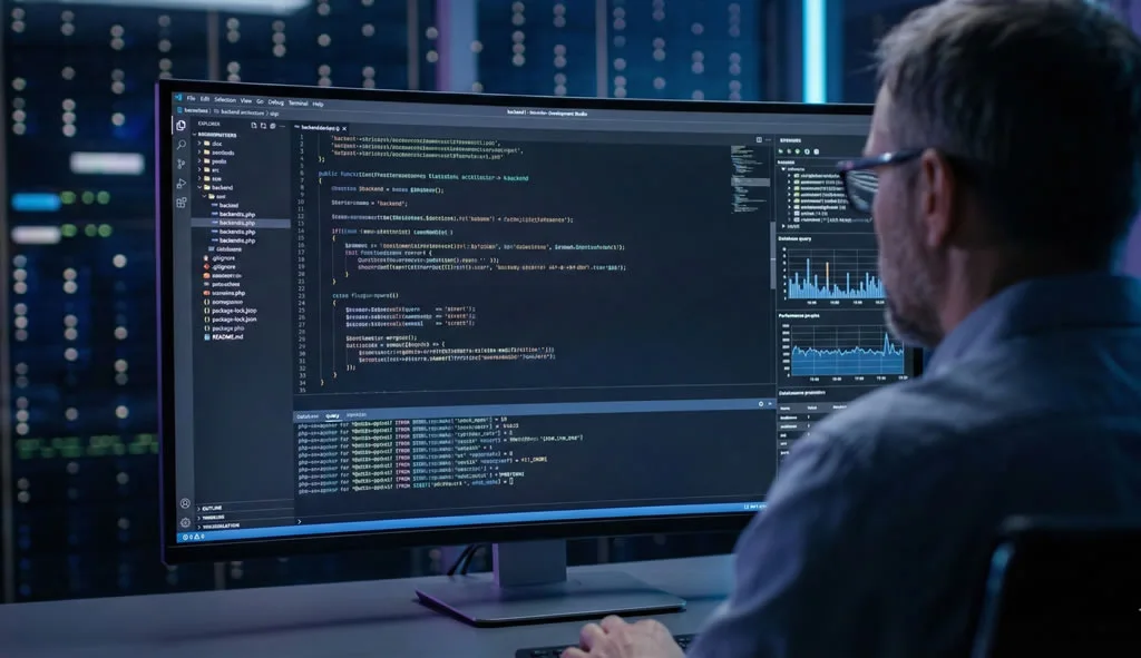 Desarrollo Web PHP - Ingeniero de software analizando código PHP 8 para optimización de rendimiento web en un monitor de alta resolución