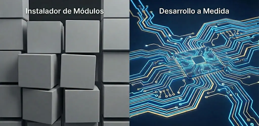 Desarrollo Web PHP - Ilustración comparativa dividida: a la izquierda bloques grises rígidos etiquetados 'Instaladores de modulos', a la derecha un circuito azul brillante y fluido etiquetado 'Programación a medida'.