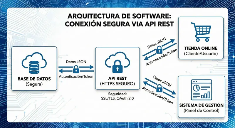 Diagrama de arquitectura de software mostrando la conexión segura entre una base de datos, una tienda online y un sistema de gestión mediante API REST.